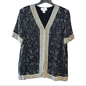 Laurence Kazar Sz XL Vintage Heavy Black Silver Beaded & Sequined Mafia Vibe Top